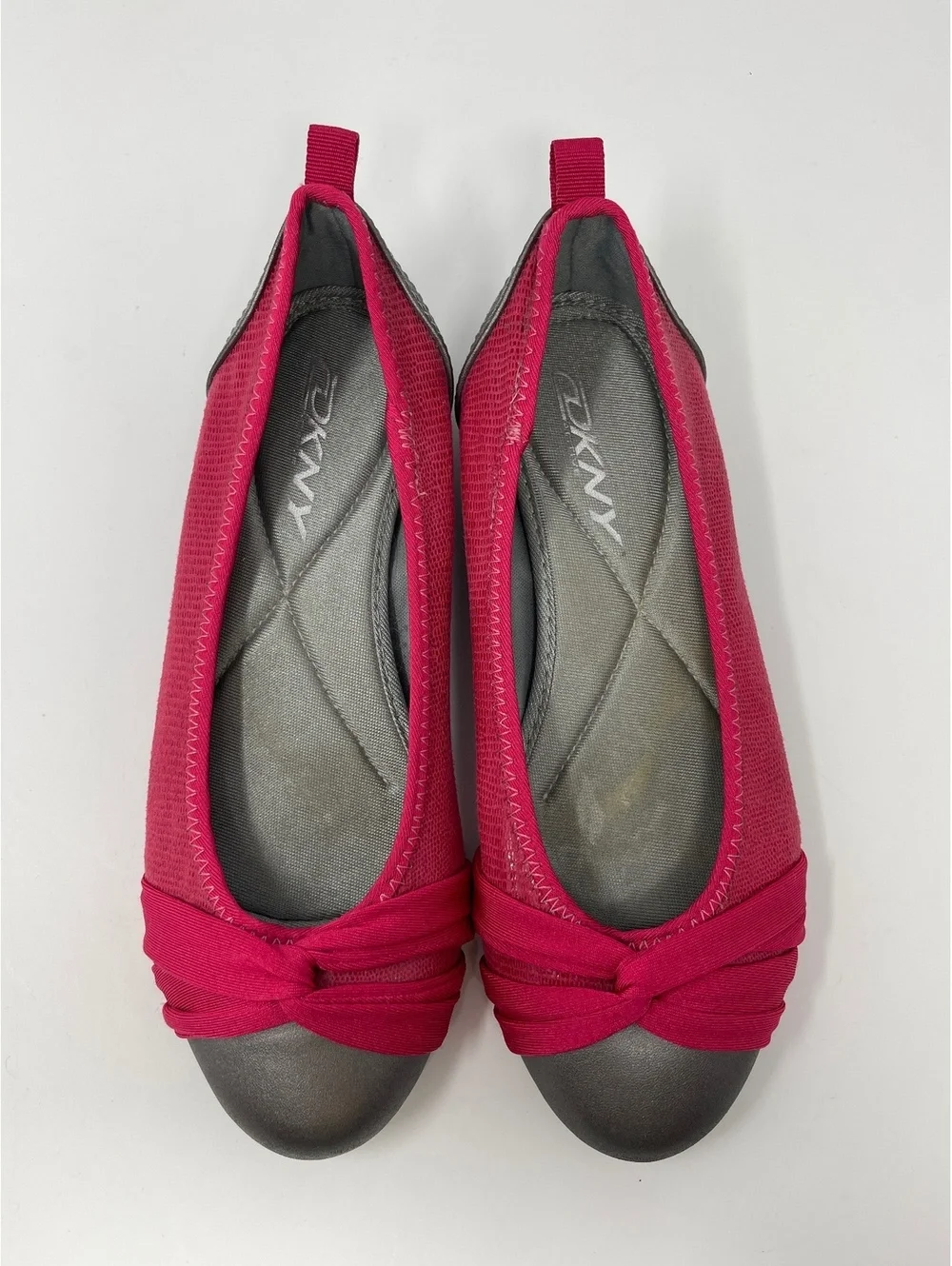 DKNY Womens Pink Metallic Grey Ballet Flats Knot Toe Elastic Comfort Shoes 5.5